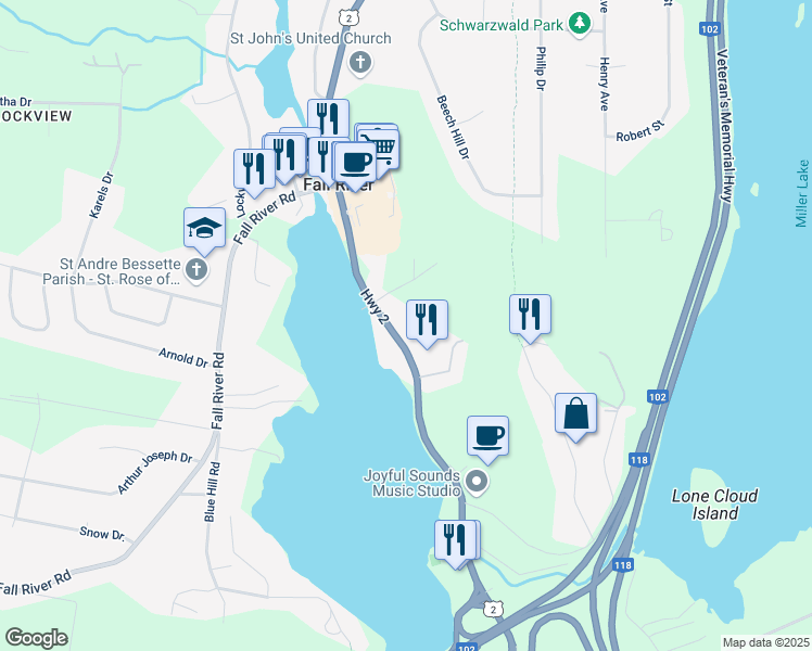map of restaurants, bars, coffee shops, grocery stores, and more near 3182 Nova Scotia Trunk 2 in Fall River
