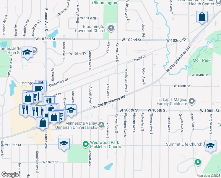 map of restaurants, bars, coffee shops, grocery stores, and more near 10440 Xerxes Avenue South in Minneapolis
