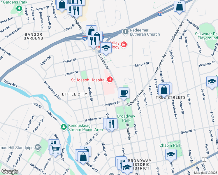 map of restaurants, bars, coffee shops, grocery stores, and more near 360 Broadway in Bangor
