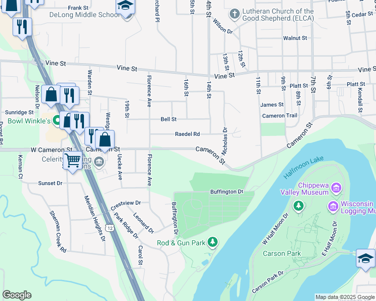map of restaurants, bars, coffee shops, grocery stores, and more near 1505 Cameron St in Eau Claire