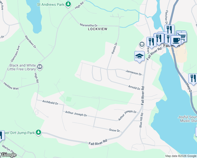 map of restaurants, bars, coffee shops, grocery stores, and more near 29 Fall River Road in Fall River