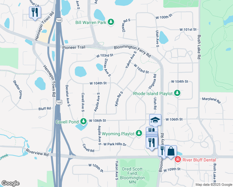 map of restaurants, bars, coffee shops, grocery stores, and more near 10416 Xylon Road South in Minneapolis