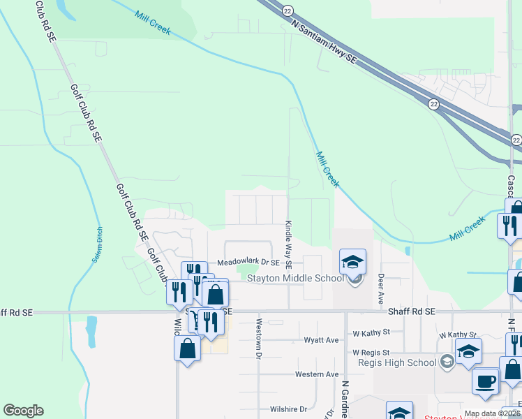 map of restaurants, bars, coffee shops, grocery stores, and more near 2150 Nighthawk Avenue in Stayton