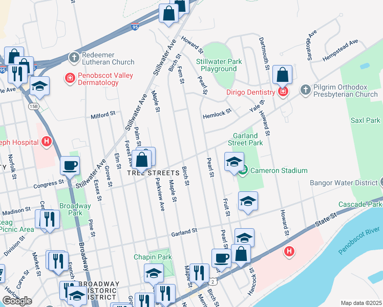 map of restaurants, bars, coffee shops, grocery stores, and more near 138 Mount Hope Avenue in Bangor