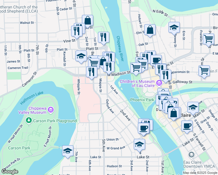 map of restaurants, bars, coffee shops, grocery stores, and more near 1300 1st Avenue in Eau Claire