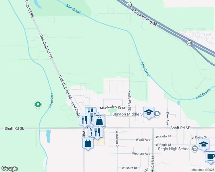 map of restaurants, bars, coffee shops, grocery stores, and more near 2130 Pheasant Avenue in Stayton