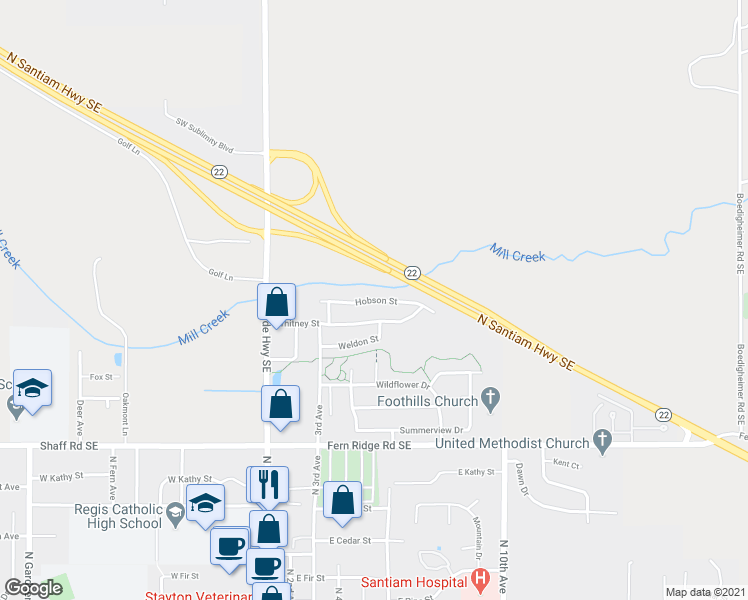 map of restaurants, bars, coffee shops, grocery stores, and more near 551 Hobson Street in Stayton