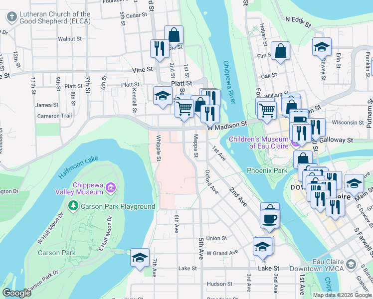 map of restaurants, bars, coffee shops, grocery stores, and more near 1418 Mappa Street in Eau Claire