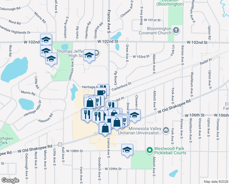 map of restaurants, bars, coffee shops, grocery stores, and more near 3809 Canterbury Drive in Minneapolis