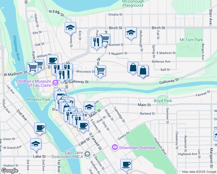 map of restaurants, bars, coffee shops, grocery stores, and more near Chippewa River State Trail in Eau Claire