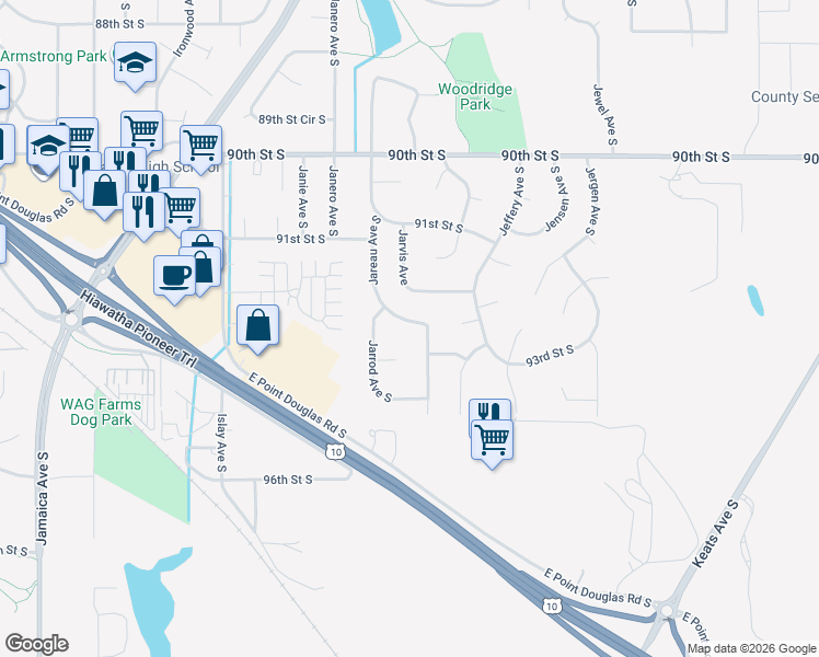 map of restaurants, bars, coffee shops, grocery stores, and more near 9276 Jareau Avenue South in Cottage Grove