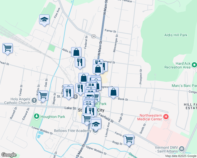 map of restaurants, bars, coffee shops, grocery stores, and more near 133 North Main Street in Saint Albans City