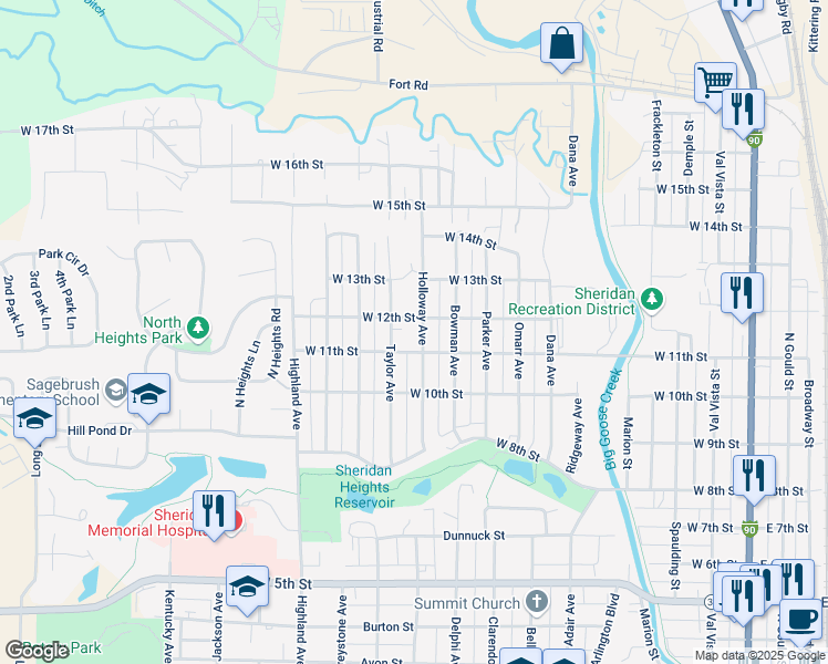 map of restaurants, bars, coffee shops, grocery stores, and more near 841 West 11th Street in Sheridan