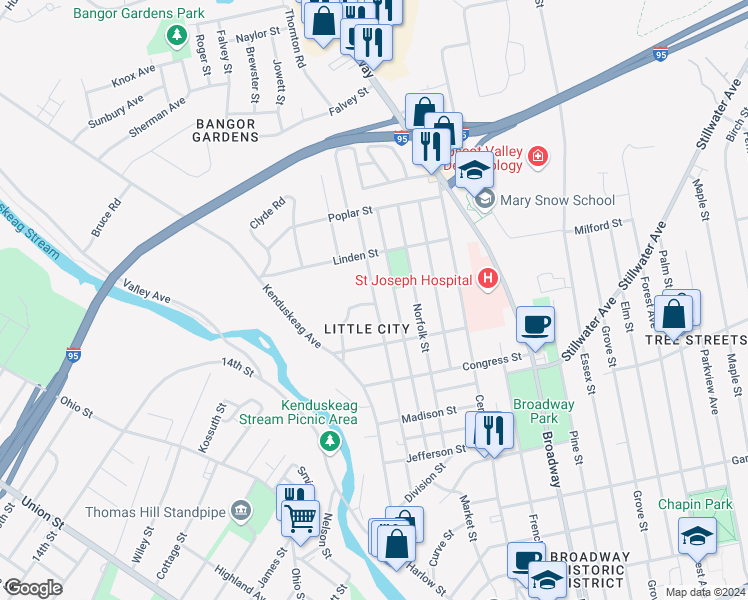 map of restaurants, bars, coffee shops, grocery stores, and more near 132-174 Fountain Street in Bangor