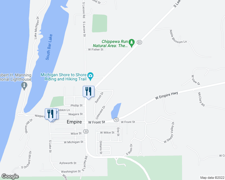 map of restaurants, bars, coffee shops, grocery stores, and more near Ottawa Street in Empire