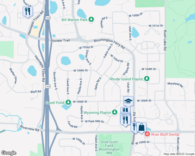 map of restaurants, bars, coffee shops, grocery stores, and more near 10416 Xylon Road South in Minneapolis