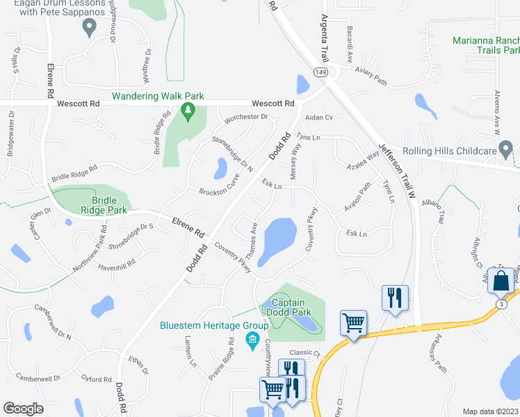 map of restaurants, bars, coffee shops, grocery stores, and more near 596 Thames Circle in Eagan