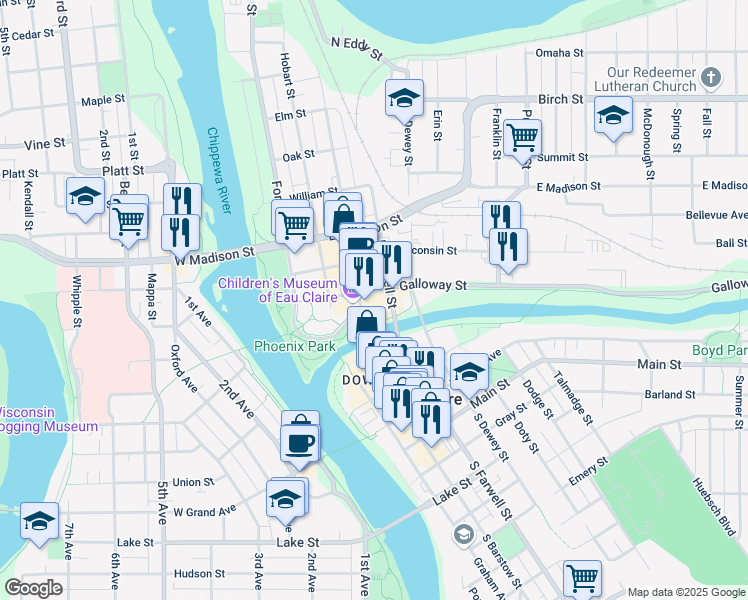 map of restaurants, bars, coffee shops, grocery stores, and more near 409 Galloway Street in Eau Claire