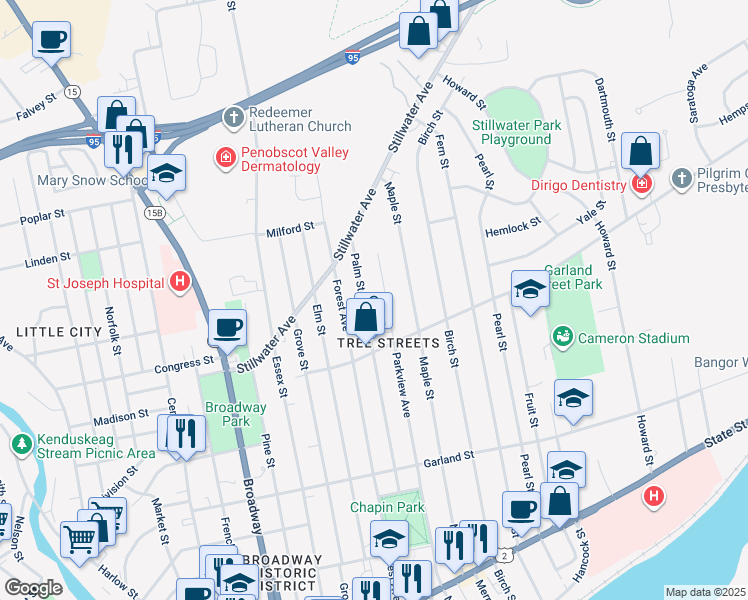 map of restaurants, bars, coffee shops, grocery stores, and more near 184 Palm Street in Bangor