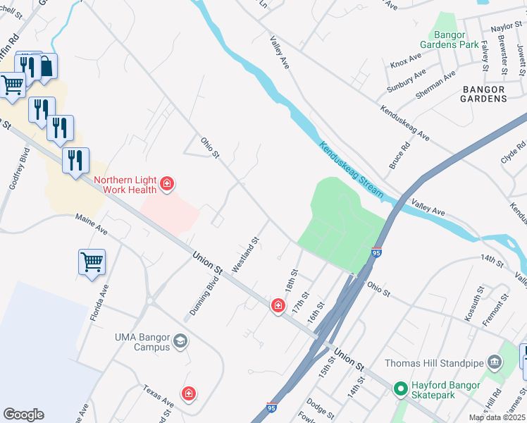 map of restaurants, bars, coffee shops, grocery stores, and more near 15 Westland Street in Bangor
