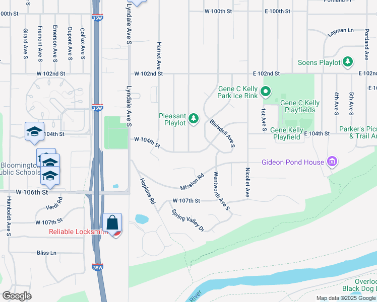 map of restaurants, bars, coffee shops, grocery stores, and more near 301 West 104th Street in Minneapolis