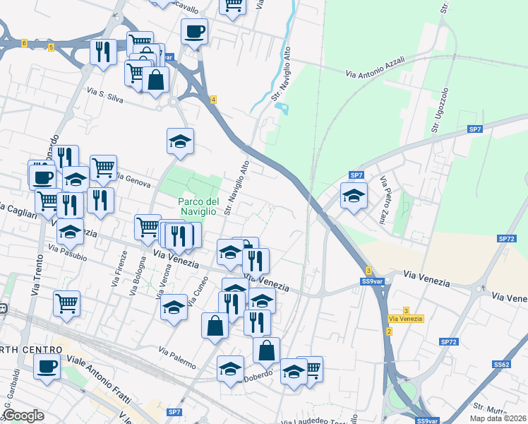 map of restaurants, bars, coffee shops, grocery stores, and more near 11 Via G. Cherchi in Parma