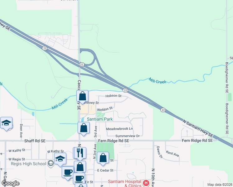 map of restaurants, bars, coffee shops, grocery stores, and more near 750 Hobson Street in Stayton