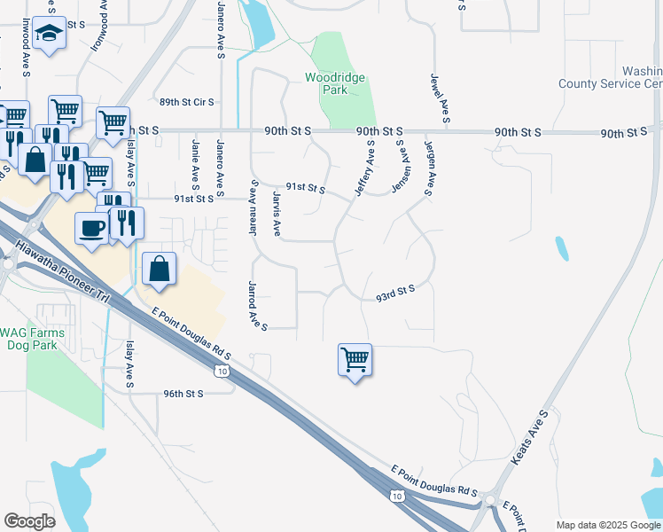 map of restaurants, bars, coffee shops, grocery stores, and more near 9258 Jeffery Avenue South in Cottage Grove