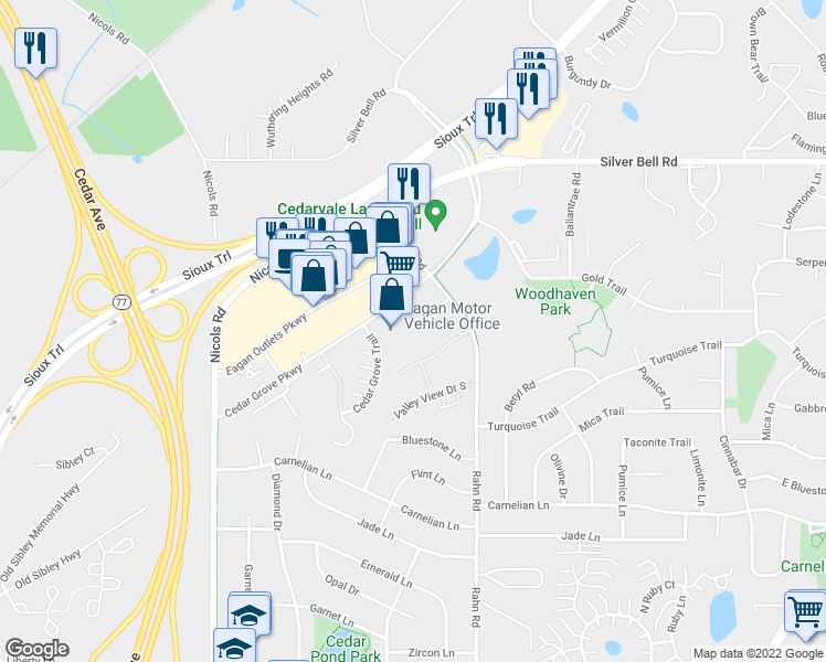 map of restaurants, bars, coffee shops, grocery stores, and more near 3908 Cedar Grove Parkway in Eagan