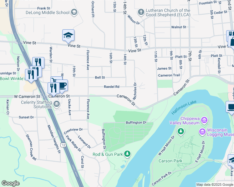 map of restaurants, bars, coffee shops, grocery stores, and more near 1505 Cameron Street in Eau Claire