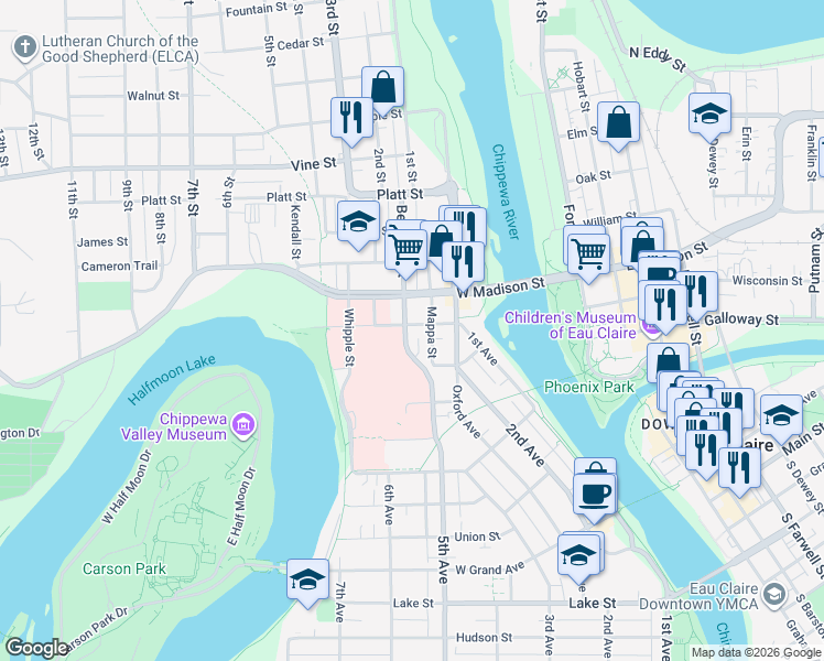 map of restaurants, bars, coffee shops, grocery stores, and more near 1418 Mappa Street in Eau Claire