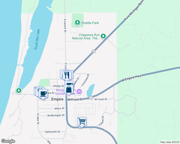 map of restaurants, bars, coffee shops, grocery stores, and more near Ottawa Street in Empire