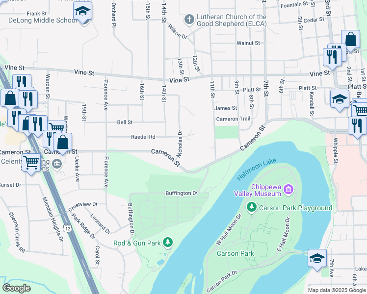 map of restaurants, bars, coffee shops, grocery stores, and more near 1505 Nicholas Drive in Eau Claire