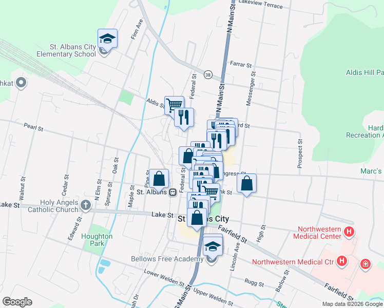 map of restaurants, bars, coffee shops, grocery stores, and more near 37 Hudson Street in Saint Albans City