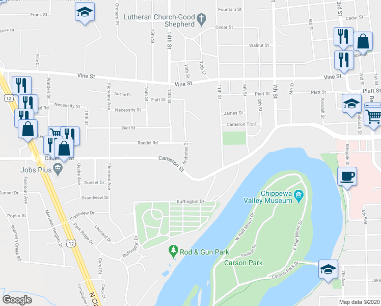map of restaurants, bars, coffee shops, grocery stores, and more near 1507 Nicholas Drive in Eau Claire