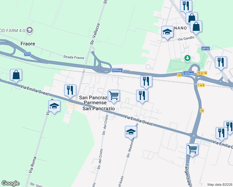 map of restaurants, bars, coffee shops, grocery stores, and more near 25 Via Bruno Buozzi in Parma