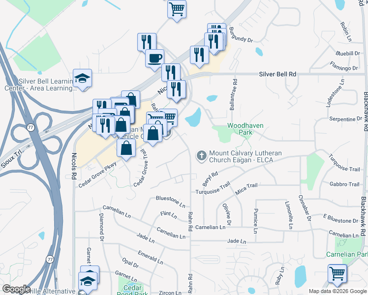 map of restaurants, bars, coffee shops, grocery stores, and more near 3911 Valley View Drive North in Eagan