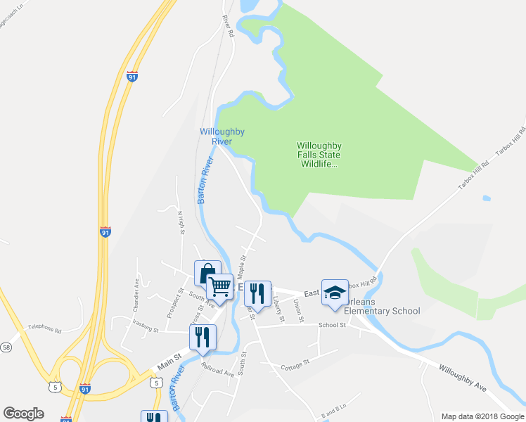 map of restaurants, bars, coffee shops, grocery stores, and more near 42 Maple Street in Barton