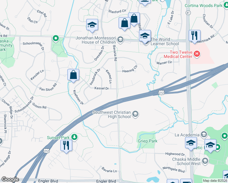 map of restaurants, bars, coffee shops, grocery stores, and more near 509 Kassel Drive in Chaska