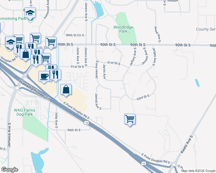 map of restaurants, bars, coffee shops, grocery stores, and more near 9276 Jareau Avenue South in Cottage Grove