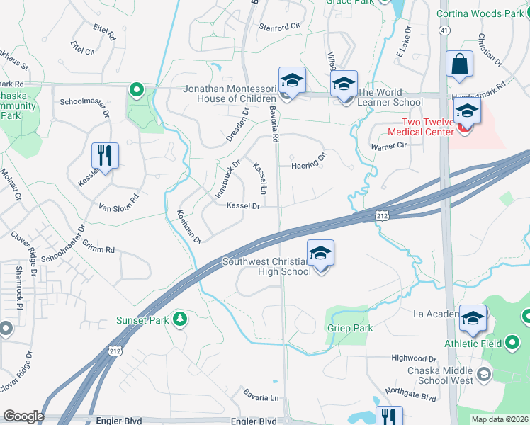 map of restaurants, bars, coffee shops, grocery stores, and more near 509 Kassel Drive in Chaska