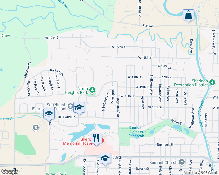 map of restaurants, bars, coffee shops, grocery stores, and more near 1301-1343 North Heights Road in Sheridan