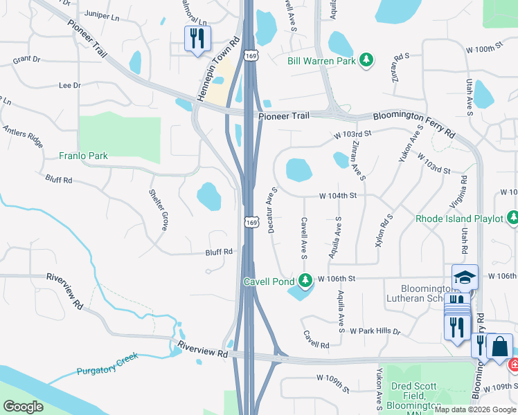map of restaurants, bars, coffee shops, grocery stores, and more near 10452 Decatur Avenue South in Minneapolis
