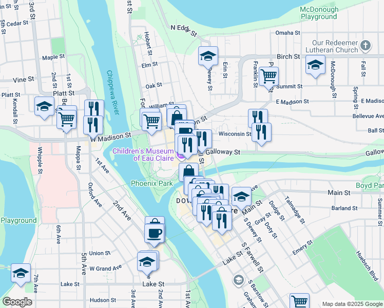 map of restaurants, bars, coffee shops, grocery stores, and more near 408 Galloway Street in Eau Claire