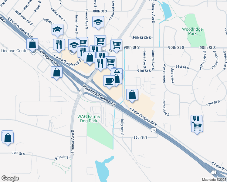 map of restaurants, bars, coffee shops, grocery stores, and more near 8655 East Point Douglas Road South in Cottage Grove