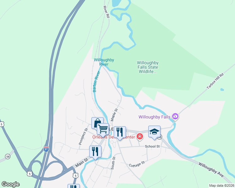 map of restaurants, bars, coffee shops, grocery stores, and more near 53 Maple Street in Barton