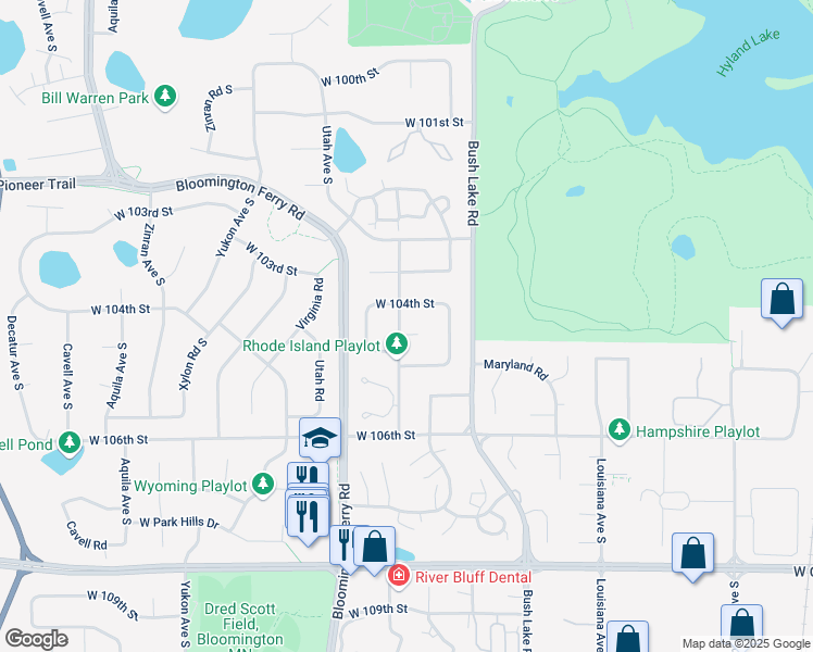 map of restaurants, bars, coffee shops, grocery stores, and more near 7424 West 105th Street in Minneapolis
