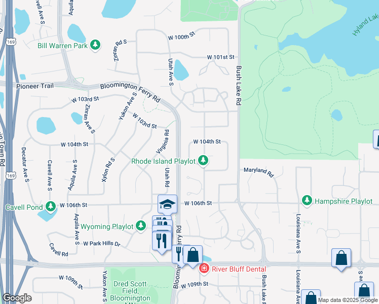 map of restaurants, bars, coffee shops, grocery stores, and more near 7508 West 104th Street in Minneapolis