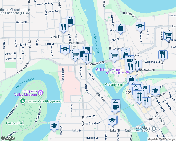map of restaurants, bars, coffee shops, grocery stores, and more near 1317 1st Avenue in Eau Claire