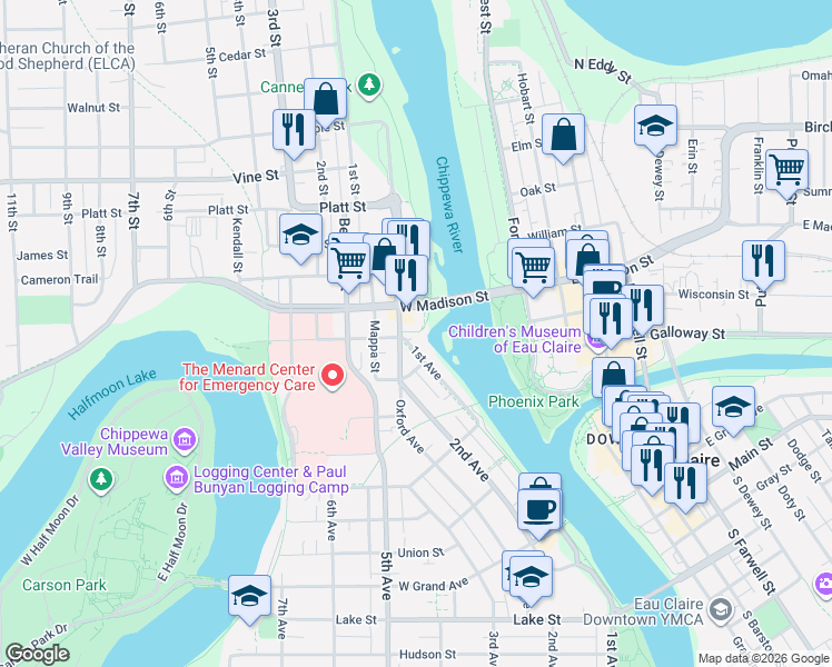 map of restaurants, bars, coffee shops, grocery stores, and more near 97 West Madison Street in Eau Claire